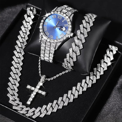 4pcs Men's Wrist Watch & Hip Hop Cuban Chain Set